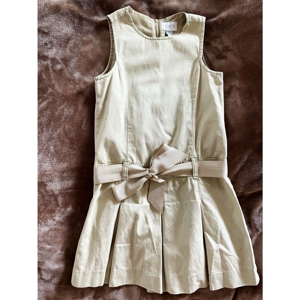 Place Girls Khaki Sleeveless Jumper Dress with Bow Belt School Uniform Size 6/7